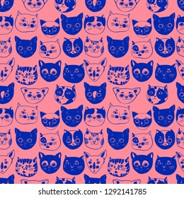 Seamless vector pattern with muzzle of pedigreed cats and kittens.