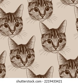 Seamless vector pattern of the muzzle of a striped cat in the style of engraving