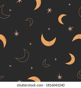 Seamless vector pattern with mysterious night sky, Sun, Moon and stars symbols.