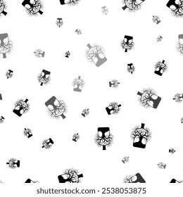 Seamless vector pattern with mystical tree in bottle symbols, creating a creative monochrome background with rotated elements. Vector illustration on white background