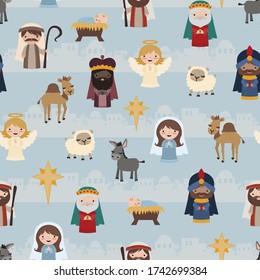 Seamless vector pattern of nativity scene with baby Jesus, Mary, Joseph, wise men, angel and animals.