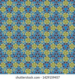 Seamless vector pattern with natural floral design in ditsy style. Perfect design in yellow, blue and brown colors for wrapping paper, repeating elements, vintage design, notebook cover.
