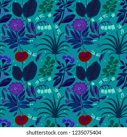 seamless vector pattern with a natural motif, bright spring flowers with flying dragonflies on a blue background