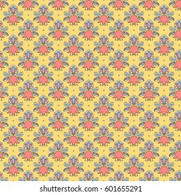 Seamless vector pattern with natural motif in a palette of yellow, pink, blue and cream shades