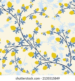 Seamless vector pattern with natural motifs: blackberry branches, leaves and berries. Delicate background in yellow and blue tones. Repeating design for decor, packaging, print, wallpaper, textile