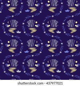 Seamless vector pattern with natural motifs and a small paper boat.