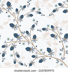 Seamless vector pattern with natural motives: branches of blackberries, leaves, flowers and berries. Delicate background.  Repeating designs for decor, packaging, wallpaper, textiles, print, tiles