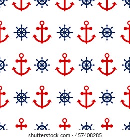 Seamless vector pattern with nautical anchors. Sea theme red anchor and blue helm repeat white shirt background.