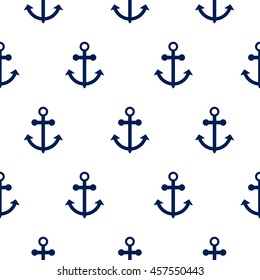 Seamless vector pattern with nautical anchors. Sea theme anchor simple dark blue repeat white background.