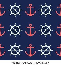 Seamless vector pattern with nautical elements in flat style. Background with marine objects. Helm and anchor repeating illustration. Sailing backdrop with sea ornament