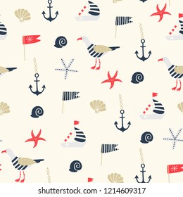 seamless vector pattern in nautical style in red blue color