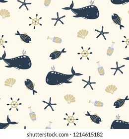 seamless vector pattern in nautical style with fish and whales