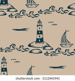 Seamless vector pattern with nautical style lighthouse on beige background. Simple hand drawn vintage marine wallpaper design. Decorative sea wave fashion textile.