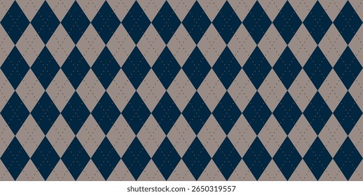 Seamless vector pattern with navy blue and taupe brown argyle diamonds and dot accents, elegant classic design for retro fashion, textiles, fall and winter clothing or vintage fabric prints