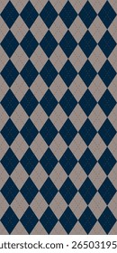 Seamless vector pattern with navy blue and taupe brown argyle diamonds and dot accents, elegant classic design for retro fashion, textiles, fall and winter clothing or vintage fabric prints
