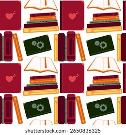 Seamless vector pattern with neatly stacked books and open pages in warm autumn tones. Ideal for school design, book-themed products, libraries, and educational materials.