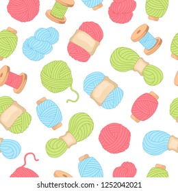 Seamless vector pattern. Needlework and crocheting and knitting. Concept of women's leisure. Icons for sewing shop. Women's hobby