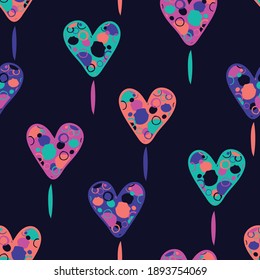 Seamless vector pattern with neon hearts on dark blue background. Simple artistic wallpaper design with textured love. Bright coloured fashion textile for valentines day.