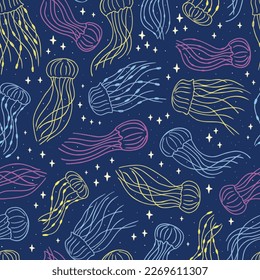 Seamless vector pattern with neon jellyfish. Great for textile, backgrounds, scrapbook