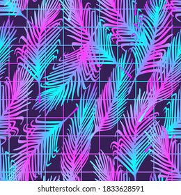 Seamless vector pattern with neon palm leaves. Tropical glowing background with grid. Vaporwave, retrowave, synth music style concept