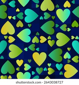 Seamless vector pattern with neon style hearts on dark squares, perfect for kids fashion and accessories