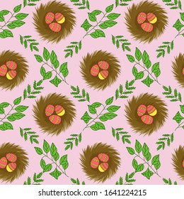Seamless vector pattern. Nest with painted easter eggs with leaves and branches. Design for wrapping paper, card or textile. Objects are drawn by hand on a white background. Color vector illustration.