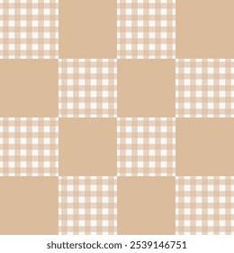 Seamless vector pattern with neutral beige patchwork cheater quilt with solid and gingham squares