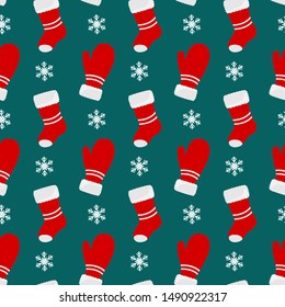 Seamless vector pattern for New Year and Christmas with a snowflakes, red Santa's boots and mittens. Gift wrapping paper, packaging, for any surface. Vector illustration