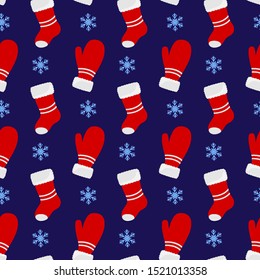 Seamless vector pattern for New Year and Christmas with a snowflakes, red Santa's boots and mittens. Gift wrapping paper, packaging, for any surface. Vector illustration