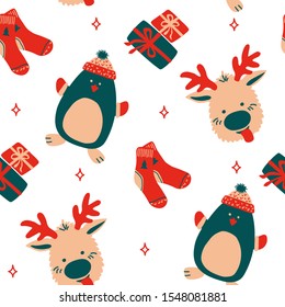 Seamless vector pattern New Year and Christmas in the style of Scandinavian simple hand drawing. Traditional holiday cute penguin, socks, reindeer. Bright ornament for print, wrap, textile, fabric.