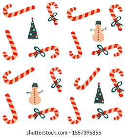 Seamless vector pattern New Year and Christmas in the style of Scandinavian simple hand drawing. Traditional holiday symbol - candy cane, bow, ribbon, snowman, fir tree. Bright ornament for print