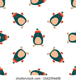 Seamless vector pattern New Year and Christmas in the style of Scandinavian simple hand drawing. Traditional holiday cute penguin, socks, reindeer. Bright ornament for print, wrap, textile, fabric.