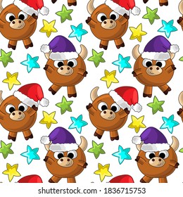Seamless vector pattern with new year bulls and stars