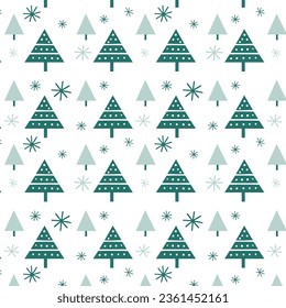 Seamless vector pattern New Year and Christmas holiday. Repeating pattern of Christmas trees and snowflakes. Design for printing on walls, wallpaper, paper.