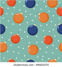Seamless vector pattern. New Year balls and snowflakes on the blue background in the vintage style and colors. The pattern is useful as a print for wrapping paper.