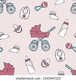 Patrón vectorial impecable con diversión del recién nacido en el fondo rosado. Diseño sencillo de papel pintado para la ducha de bebé. Decorativa moda textil de mamá feliz.