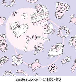 Seamless vector pattern, newborn girl. Booties, rattle, lullaby, ribbons, bows, flowers, hat with ears, baby hairbrush, nipple. For factories, design, textiles, decor, wallpaper, gift paper, cards, 