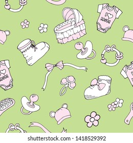 Seamless vector pattern, newborn girl. Booties, rattle, lullaby, ribbons, bows, flowers, hat with ears, baby hairbrush, nipple. For factories, design, textiles, decor, wallpaper, gift paper, cards, 