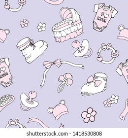 Seamless vector pattern, newborn girl. Booties, rattle, lullaby, ribbons, bows, flowers, hat with ears, baby hairbrush, nipple. For factories, design, textiles, decor, wallpaper, gift paper, cards, 
