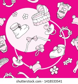 Seamless vector pattern, newborn girl. Booties, rattle, lullaby, ribbons, bows, flowers, hat with ears, baby hairbrush, nipple. For factories, design, textiles, decor, wallpaper, gift paper, cards, 