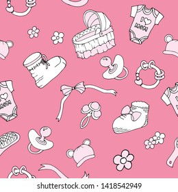 Seamless vector pattern, newborn girl. Booties, rattle, lullaby, ribbons, bows, flowers, hat with ears, baby hairbrush, nipple. For factories, design, textiles, decor, wallpaper, gift paper, cards, 