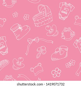 Seamless vector pattern, newborn girl. Booties, rattle, lullaby, ribbons, bows, flowers, hat with ears, baby hairbrush, nipple. For factories, design, textiles, decor, wallpaper, gift paper, cards
