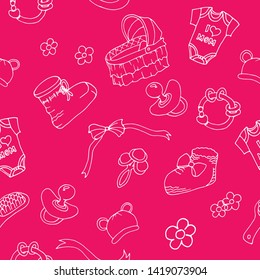 Seamless vector pattern, newborn girl. Booties, rattle, lullaby, ribbons, bows, flowers, hat with ears, baby hairbrush, nipple. For factories, design, textiles, decor, wallpaper, gift paper, cards