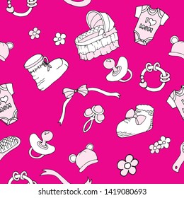 Seamless vector pattern, newborn girl. Booties, rattle, lullaby, ribbons, bows, flowers, hat with ears, baby hairbrush, nipple. For factories, design, textiles, decor, wallpaper, gift paper, cards