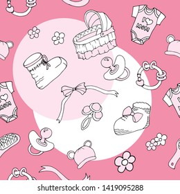 Seamless vector pattern, newborn girl. Booties, rattle, lullaby, ribbons, bows, flowers, hat with ears, baby hairbrush, nipple. For factories, design, textiles, decor, wallpaper, gift paper, cards