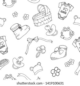 Seamless vector pattern, newborn girl. Booties, rattle, lullaby, ribbons, bows, flowers, hat with ears, baby hairbrush, nipple. For factories, design, textiles, decor, wallpaper, gift paper, cards