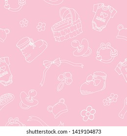 Seamless vector pattern, newborn girl. Booties, rattle, lullaby, ribbons, bows, flowers, hat with ears, baby hairbrush, nipple. For factories, design, textiles, decor, wallpaper, gift paper, cards