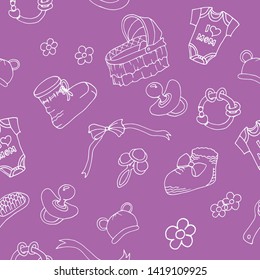 Seamless vector pattern, newborn girl. Booties, rattle, lullaby, ribbons, bows, flowers, hat with ears, baby hairbrush, nipple. For factories, design, textiles, decor, wallpaper, gift paper, cards