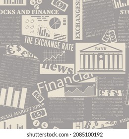 Seamless vector pattern with newspaper clippings. Abstract background with unreadable text, titles and illustrations on the topic of business and finance.