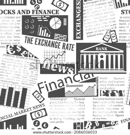 Seamless vector pattern with newspaper clippings. Abstract background with unreadable text, titles and illustrations on the topic of business and finance.